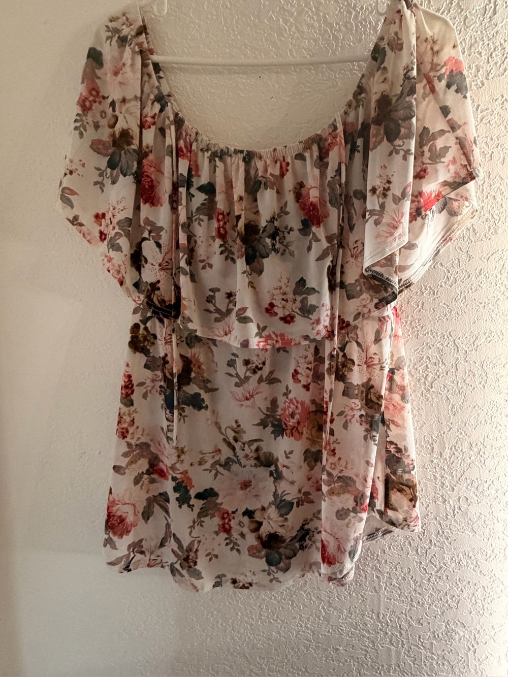 Floral Off-Shoulder Women’s Top - Cream with Pink & Green Floral - Picture 1 of 3